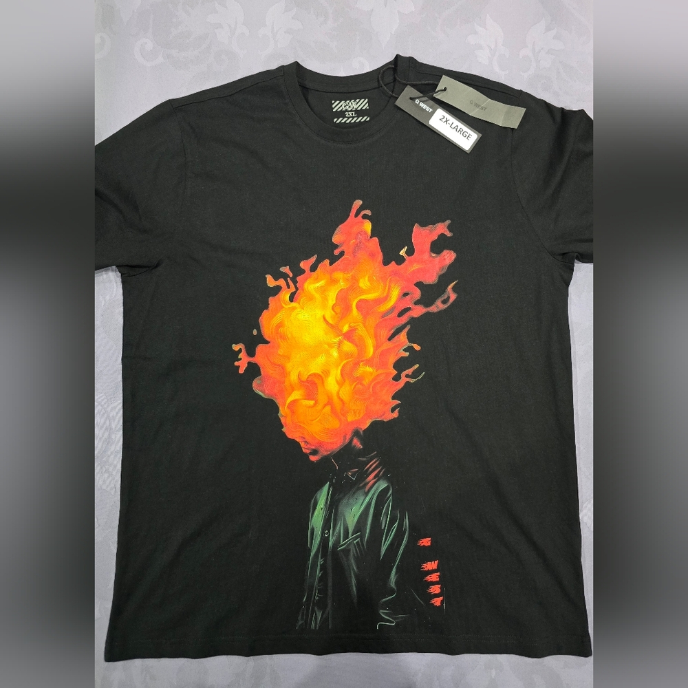 G West Vibrant Orange and Black Short Sleeve Tee with Fire Head  Design